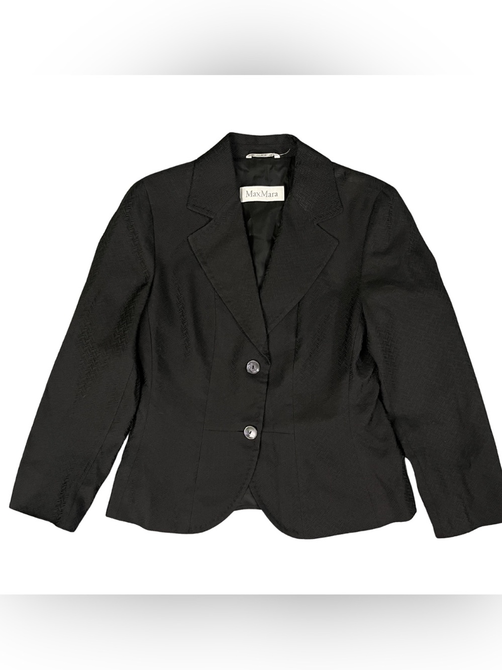 Max Mara Vintage Silk Linen Blazer Womens 10 Black Herringbone Fitted Jacket